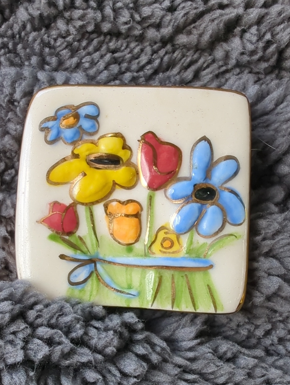 Ceramic Painted Tile Floral Brooch